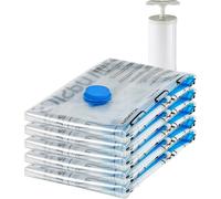 Amazon Basics Vacuum Compression Zipper Storage Bags with Airtight Valve and Hand Pump, Large, 5-Pack, Clear