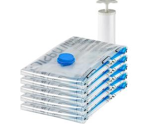 Amazon Basics Vacuum Compression Zipper Storage Bags with Airtight Valve and Hand Pump, Large, 5-Pack, Clear