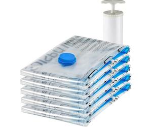 Amazon Basics Vacuum Compression Zipper Storage Bags with Airtight Valve and Hand Pump, Medium, 5-Pack, Clear