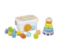 Amazon Basics Wooden Shape Sorter and Rainbow Stacker Classic Baby Toy Set, Medium, Multicolor