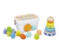 Amazon Basics Wooden Shape Sorter and Rainbow Stacker Classic Baby Toy Set, Medium, Multicolor