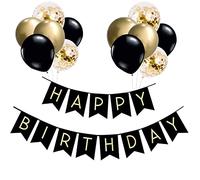 Amazon Birthday Banner, Black & Gold Birthday Decor - 12 inch Balloons, Ribbons and Banners with Birthdays sign