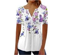Amazon Essential 2023 Womens Tops Dressy UK Casual Short Sleeve Hide Belly Shirts Summer Pleated Button V Neck T-Shirt Sale Clearance Ladies Floral Tunic Tops