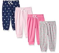 Amazon Essentials Baby Girls' Cotton Pull-On Trousers, Pack of 4, Grey Hearts/Light Pink/Navy/Pink, 3-6 Months