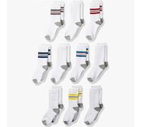 Amazon Essentials Boys' Cotton Cushioned Crew Sports Socks, Pack of 10, White Stripes, 2-3 Years