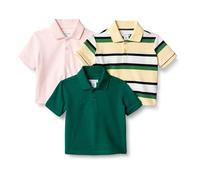 Amazon Essentials Boys' Cotton Spandex Pique Polo Shirt, Pack of 3, Dark Green/Pale Pink/Block Stripe, 6-7 Years