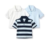 Amazon Essentials Boys' Cotton Spandex Pique Polo Shirt, Pack of 3, Light Blue/Rugby Stripe/White, 8 Years