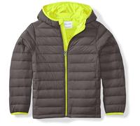 Amazon Essentials Boys' Lightweight Water-Resistant Packable Hooded Puffer Coat, Dark Grey Neon Yellow, Small