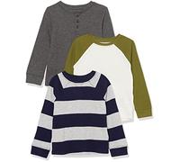 Amazon Essentials Boys' Long-Sleeved Knitted Thermal T-Shirt, Pack of 3, Dark Grey/Grey Rugby Stripe/White, 5 Years