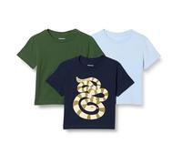 Amazon Essentials Boys' Regular Fit Cotton Crew Neck T-Shirts, Pack of 3, Dark Olive/Light Blue/Snake, 6-7 Years