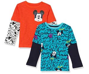 Amazon Essentials Disney | Marvel | Star Wars Boys' Long-Sleeve 2-in-1 T-Shirts, Pack of 2, Mickey, 2 Years