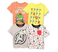Amazon Essentials Disney | Marvel | Star Wars Boys' Short-Sleeve T-Shirts, Pack of 4, Avengers Logo/Marvel Power, 6-7 Years