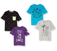 Amazon Essentials Disney | Marvel | Star Wars Boys' Short-Sleeve T-Shirts, Pack of 4, Black Colour Block/Blue/Grey/Purple Text Print, 3 Years