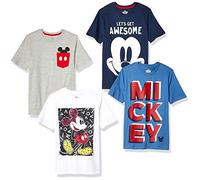Amazon Essentials Disney | Marvel | Star Wars Boys' Short-Sleeve T-Shirts, Pack of 4, Grey/Navy/Blue, Mickey Awesome, 10 Years