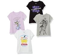 Amazon Essentials Disney | Marvel | Star Wars | Frozen | Princess Girls' Short-Sleeve T-Shirts, Pack of 4, Black/Grey/Nightmare Spooky/White, 2 Years
