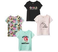 Amazon Essentials Disney | Marvel | Star Wars | Frozen | Princess Girls' Short-Sleeve T-Shirts, Pack of 4, Black/Green/Pink/Princess Power, 8 Years