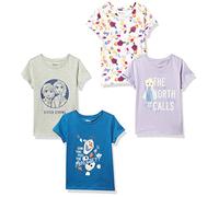 Amazon Essentials Disney | Marvel | Star Wars | Frozen | Princess Girls' Short-Sleeve T-Shirts, Pack of 4, Blue/Frozen 2 Stronger Together/Grey/Purple, 11-12 Years