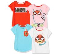 Amazon Essentials Disney | Marvel | Star Wars | Frozen | Princess Toddler Girls' Short-Sleeve T-Shirts, Pack of 4, Marvel Spider-cat, 4 Years