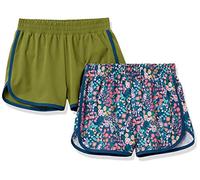Amazon Essentials Girls' Active Running Shorts, Pack of 2, Olive Floral, 5 Years
