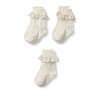 Amazon Essentials Girls' Ankle Frilly School Socks with Eyelet Lace Ruffle, Fold-Over Cuff, Pack of 3, Ivory, M (4-8 Years)