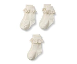 Amazon Essentials Girls' Ankle Frilly School Socks with Eyelet Lace Ruffle, Fold-Over Cuff, Pack of 3, Ivory, 2-4 Years