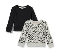 Amazon Essentials Girls' Fleece Crew-Neck Pullover Sweatshirts, Pack of 2, Black/Light Grey Heather Leopard, 10 Years