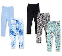 Amazon Essentials Girls' Leggings, Pack of 5, Aqua Blue/Black/Blue/Hearts/Tie Dye, 4 Years