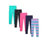 Amazon Essentials Girls' Leggings, Pack of 5, Aqua Green/Black Stars/Navy/Pink/Stripes, 2 Years