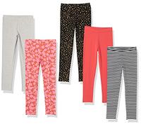 Amazon Essentials Girls' Leggings, Pack of 5, Black Stars/Grey/Orange/Peach Leaf Print/White Stripes, 2 Years