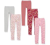 Amazon Essentials Girls' Leggings, Pack of 5, Dark Rose/Grey/Light Pink Floral/Pink Leaf Print/Red Mushroom, 6-7 Years
