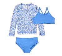 Amazon Essentials Girls' Long-Sleeve Rash Vest Three-Piece Bikini Set, Blue/Ditsy Floral, 8 Years