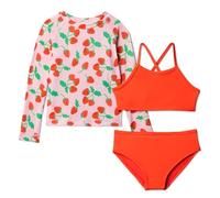 Amazon Essentials Girls' Long-Sleeve Rash Vest Three-Piece Bikini Set, Strawberries/Tomato Red, 6-7 Years