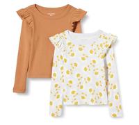 Amazon Essentials Girls' Long Sleeve Ruffle T-Shirt, Pack of 2, Light Caramel/Graphic Flower, Medium