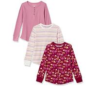 Amazon Essentials Girls' Long-Sleeved Knitted Thermal T-Shirt, Pack of 3, Burgundy Mushroom/Pink/White Stripes, 10 Years