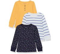 Amazon Essentials Girls' Long-Sleeved Knitted Thermal T-Shirt, Pack of 3, Navy Floral/White Stripes/Yellow, 10 Years