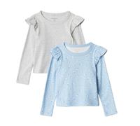 Amazon Essentials Girls' Long-Sleeved Ruffled T-Shirt, Pack of 2, Light Heather Grey/ Ditsy Floral, 2 Years