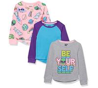 Amazon Essentials Girls' Long-Sleeved Thermal T-Shirt Tops, Pack of 3, Blue/Grey Text Print/Light Pink Aliens Print, 5 Years