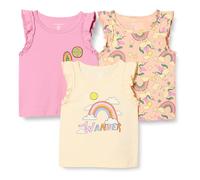 Amazon Essentials Girls' Ruffle Tank Tops, Pack of 3, Badges/Unicorn/Wander, 4 Years