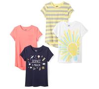 Amazon Essentials Girls' Short-sleeved T-shirt - Discontinued Colours, Pack of 4, Navy Science/Orange/White Future/Yellow Stripes, 2 Years