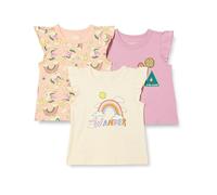 Amazon Essentials Girls' Sleeveless Ruffle T-Shirt, Pack of 3, Badges/Unicorn/Wander, 10 Years