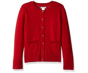 Amazon Essentials Girls' Slim-Fit Crewneck Cardigan Jumper, Red, 4 Years