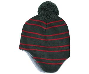 Amazon Essentials Kids' Ear Flap Beanie with Pom Hat, Olive Red Stripes, One Size