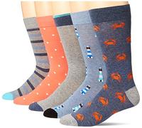 Amazon Essentials Men's Comfortable Cotton-Poly Blend Patterned Dress Socks, 5 Pairs, Blue/Grey/Navy Crab/Orange Dots/Stripes, 7-11