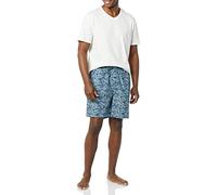 Amazon Essentials Men's Cotton Poplin Pyjama Shorts with Cotton T-Shirt Set, Blue Palm Leaf/White, S