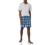 Amazon Essentials Men's Cotton Poplin Pyjama Shorts with Cotton T-Shirt Set, Grey Heather/Navy Plaid, 3XL