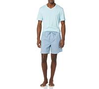Amazon Essentials Men's Cotton Poplin Pyjama Shorts with Cotton T-Shirt Set, Light Blue Geo Print, XS