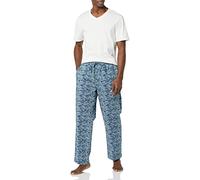 Amazon Essentials Men's Cotton Poplin Trouser with Cotton Jersey T-Shirt Pyjama Set, Blue Palm Leaf/White, L