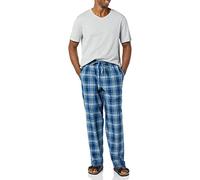 Amazon Essentials Men's Cotton Poplin Trouser with Cotton Jersey T-Shirt Pyjama Set, Grey Heather/Navy Plaid, 3XL