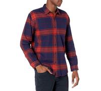 Amazon Essentials Men's Long-Sleeved Flannel Shirt, Dark Blue Orange Large Plaid, M