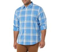 Amazon Essentials Men's Long-Sleeved Regular-Fit Stretch Poplin Shirt, Light Blue Orange Plaid, M